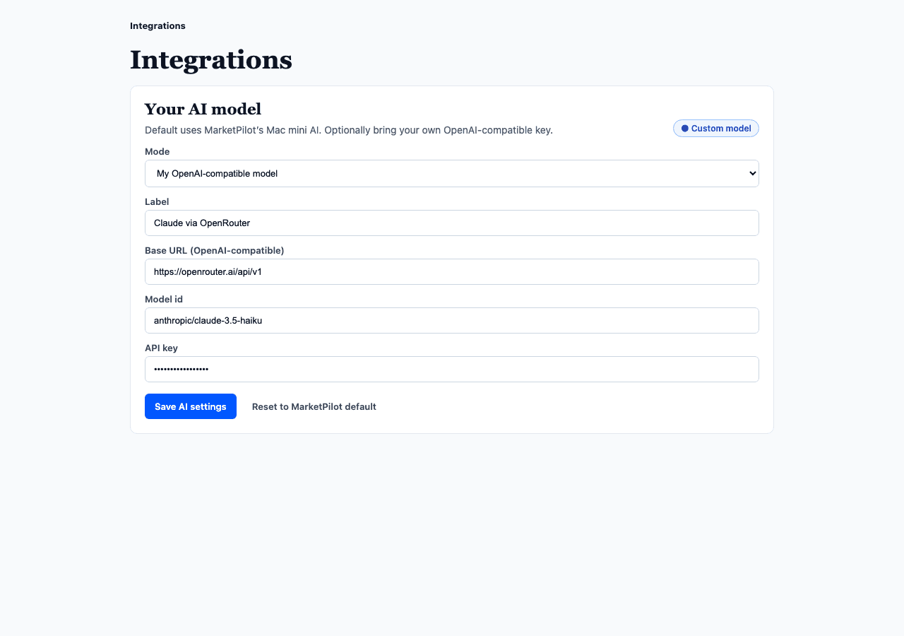 Your AI model settings for OpenRouter Claude.
