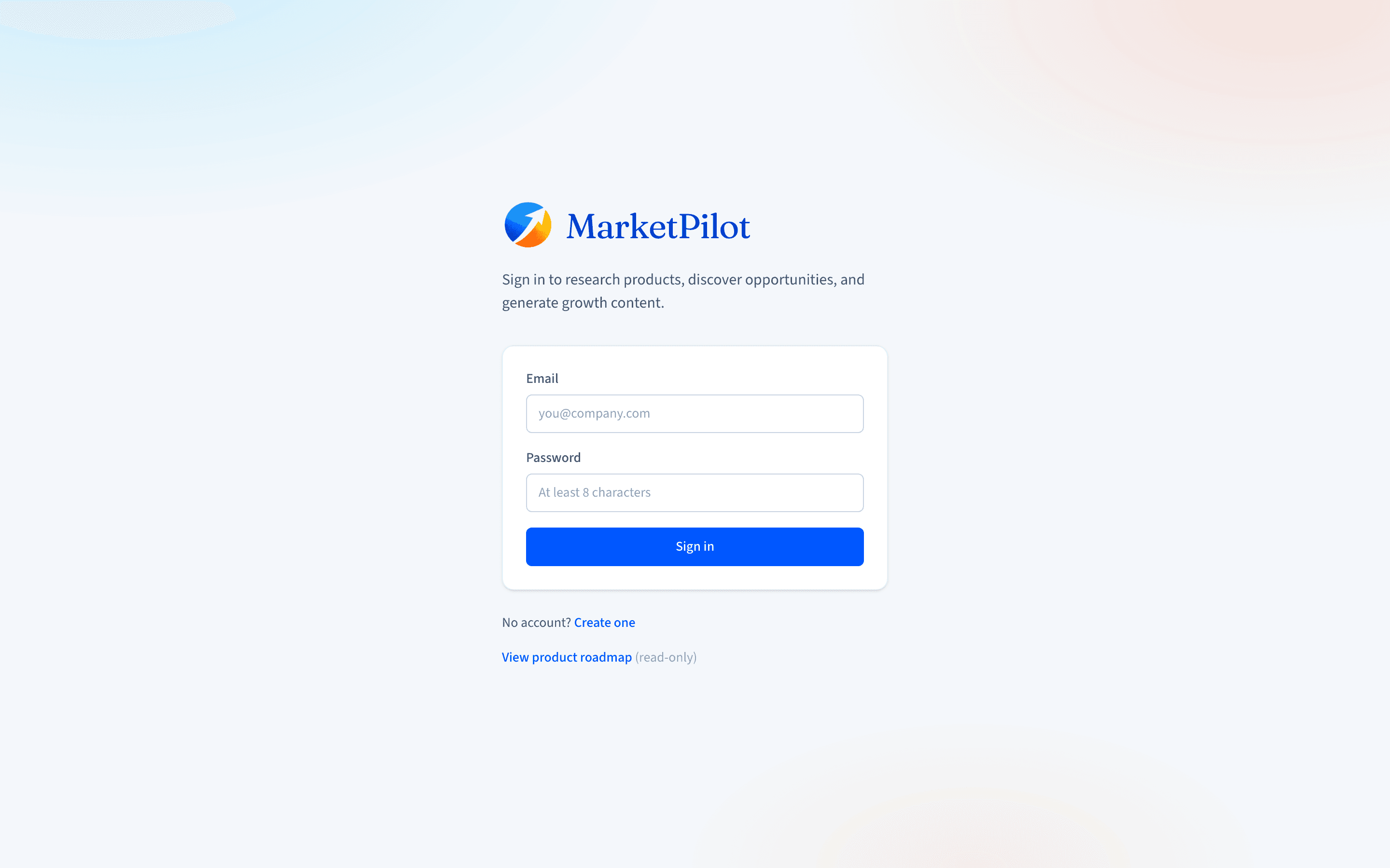 MarketPilot sign-in screen.