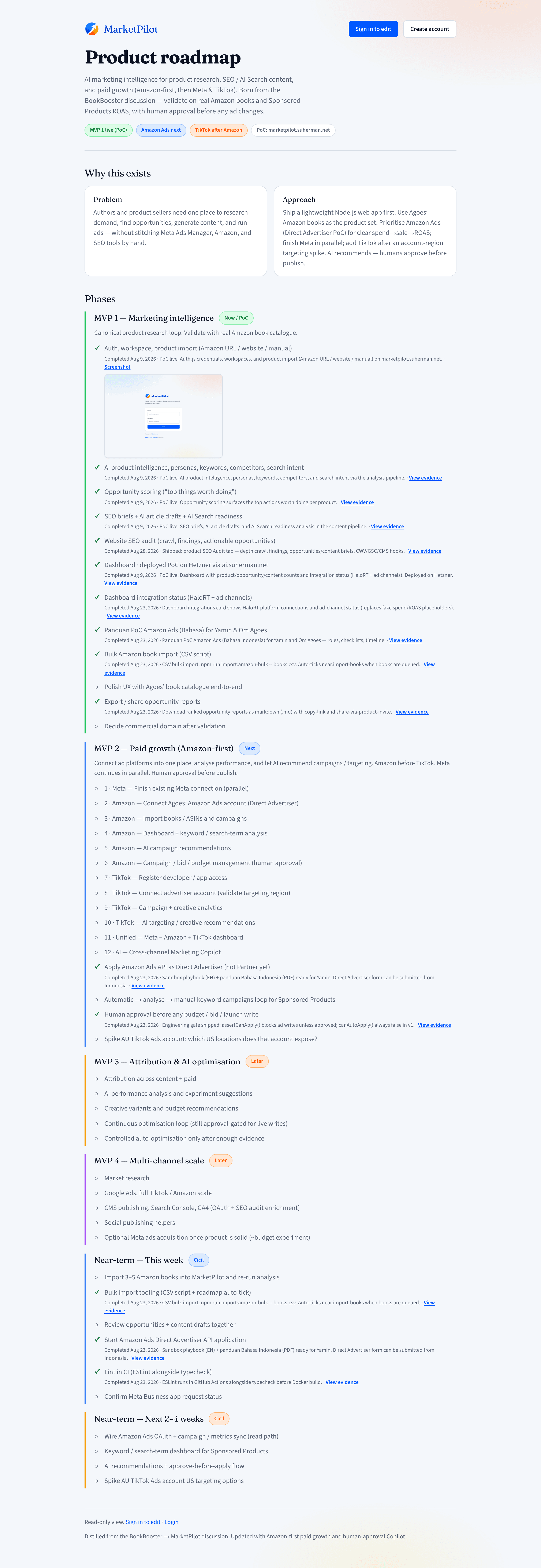 MarketPilot public product roadmap with SEO audit marked complete.