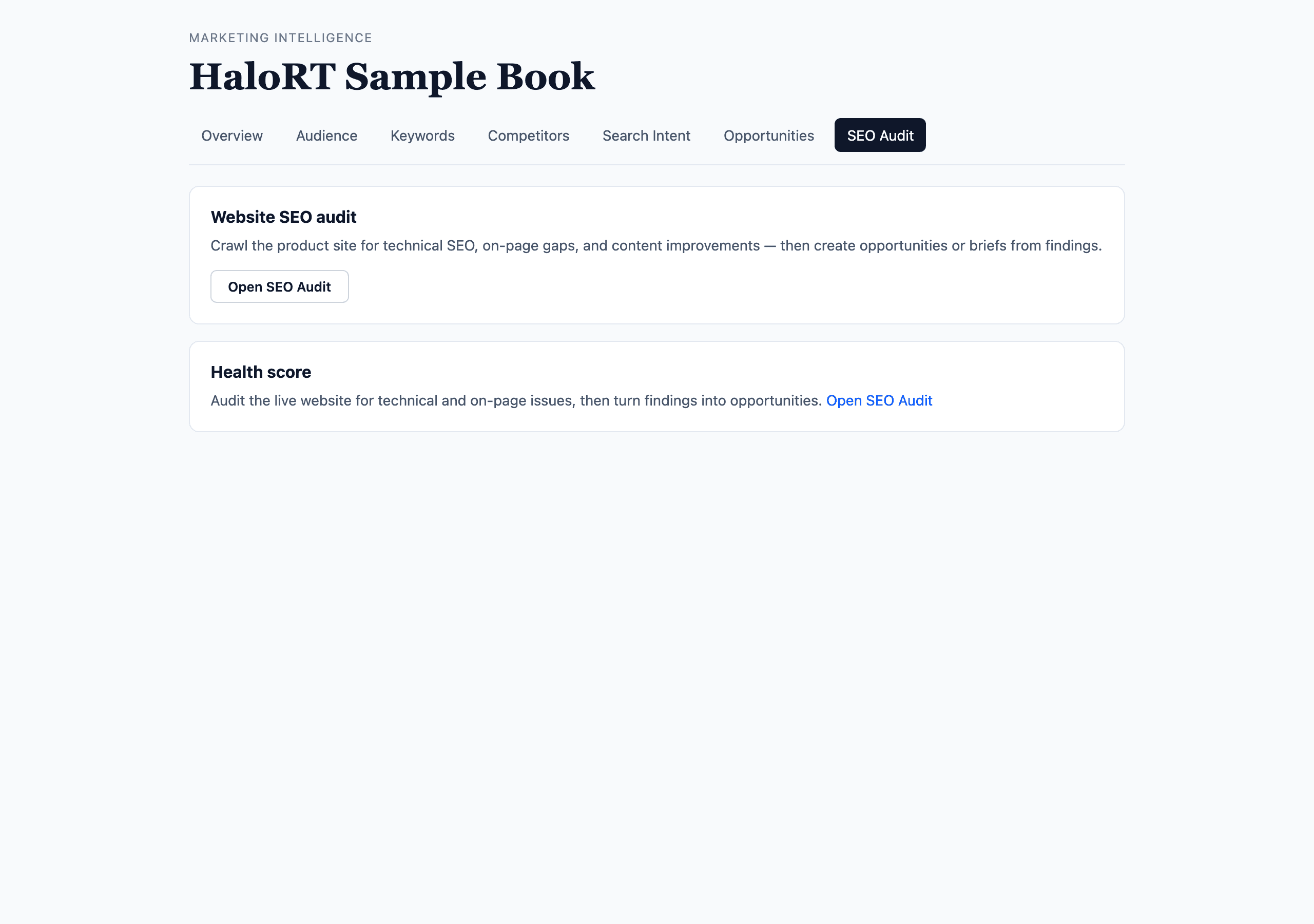 Product overview with Website SEO audit card and Open SEO Audit link.