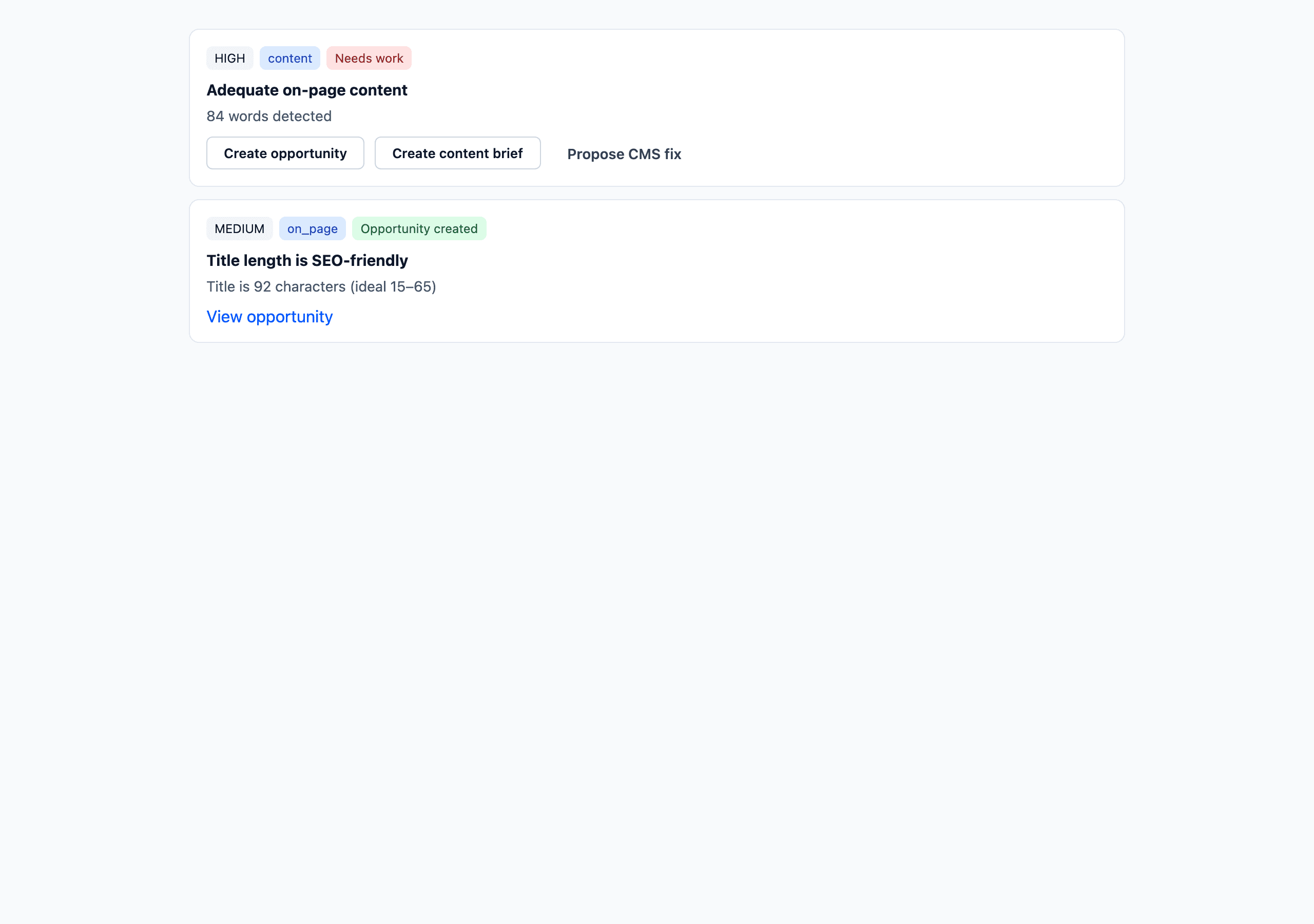 Finding actions: create opportunity, content brief, or propose CMS fix.