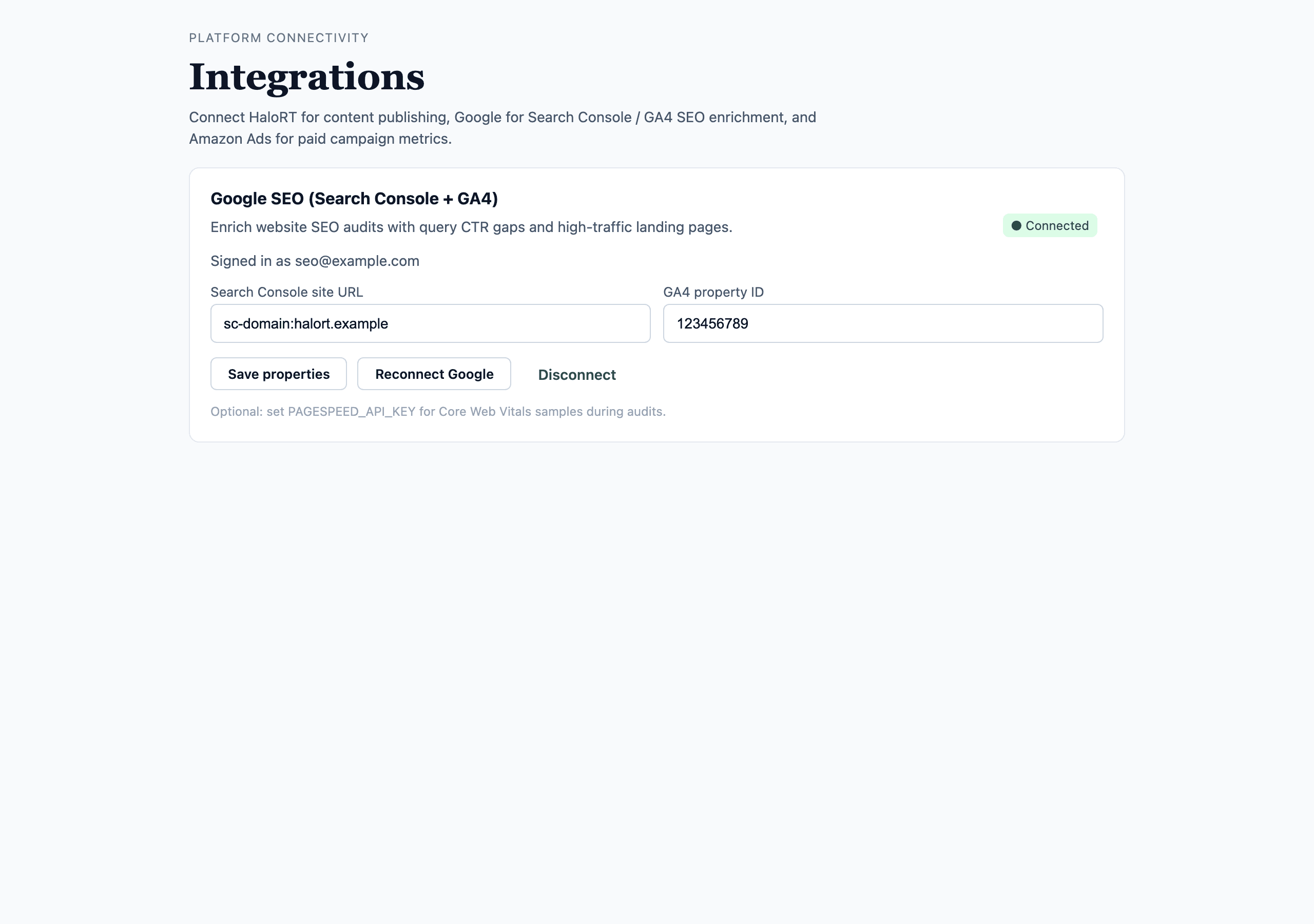 Integrations page with Google SEO Search Console and GA4 connection.